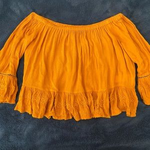 F21 Off the Shoulder Yellow Orange Crop Top